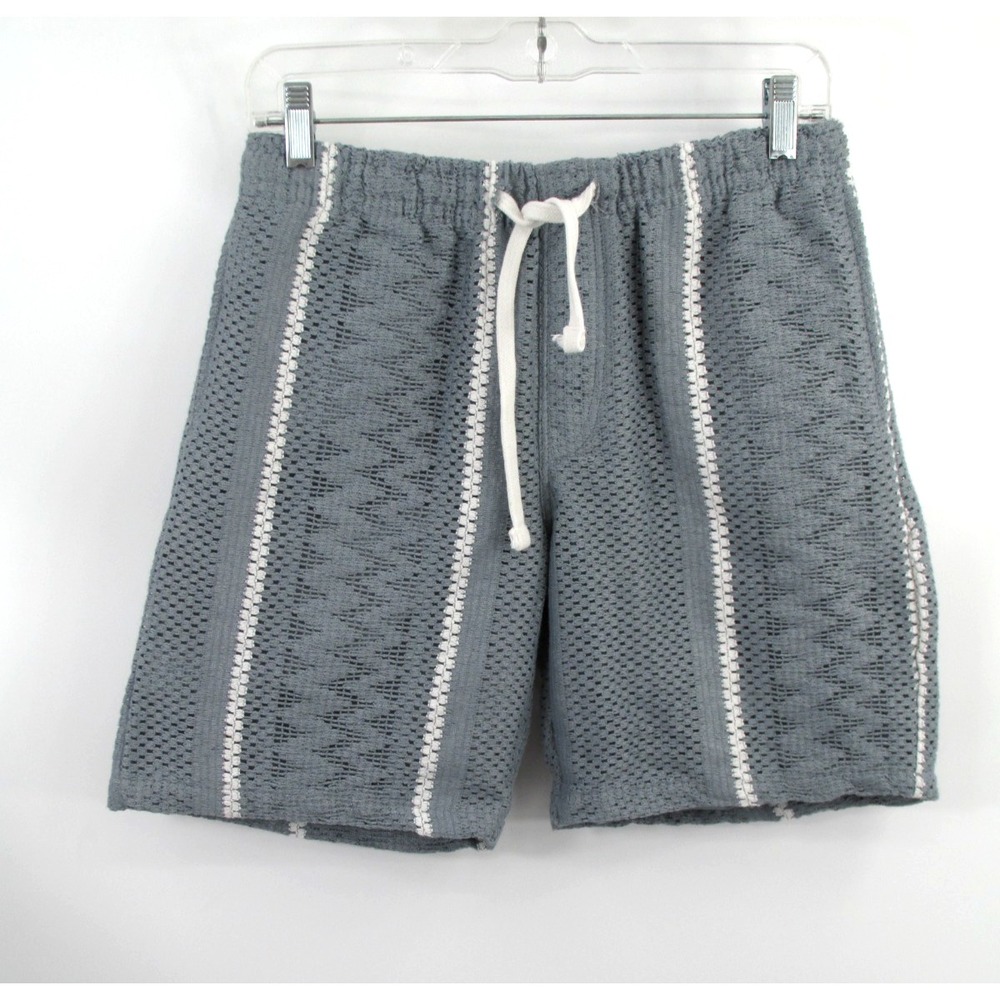 PUBLIC RECORD Bermuda Lined Crochet Shorts Mens M Dusty Blue Drawstring Mid Rise